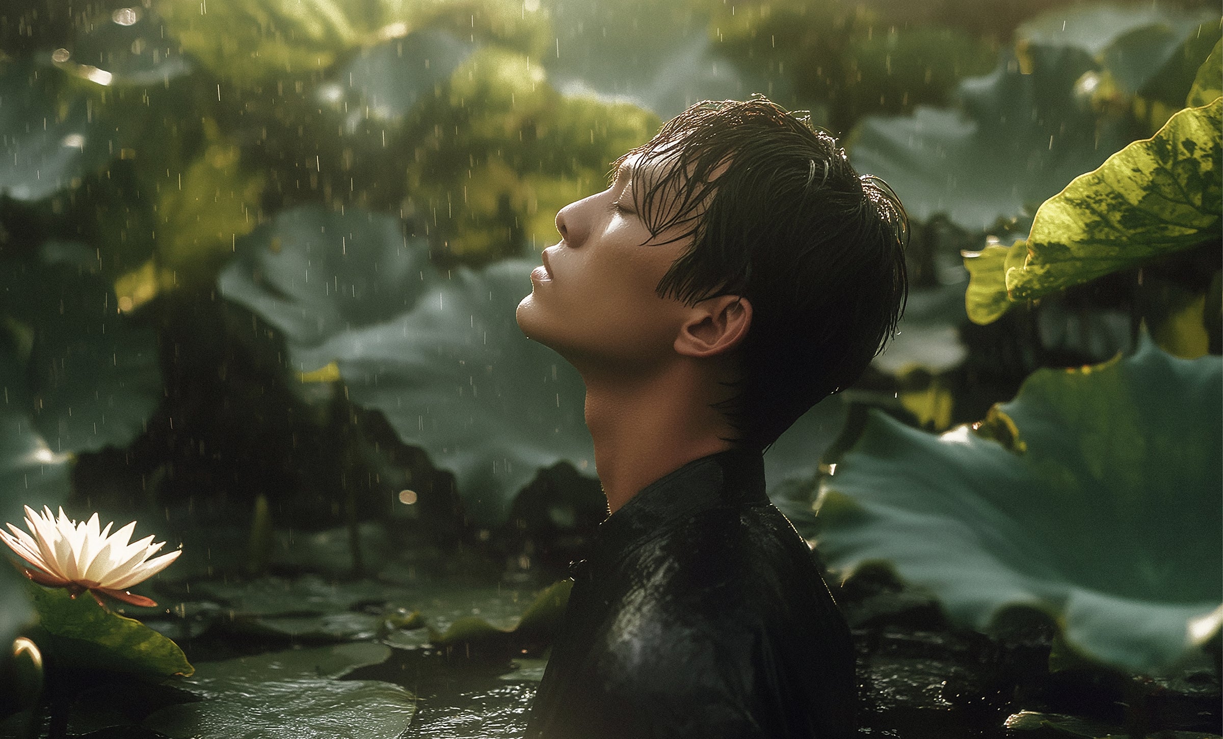 Homme dans un étang de lotus sous une pluie d’été douce – image poétique en accord avec le parfum Pluie sur Ha Long d’Ella K, inspiré du Vietnam.