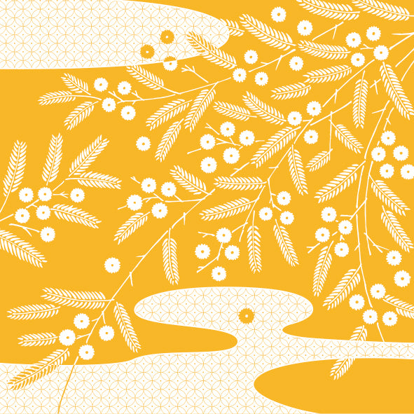 Motif graphique jaune et blanc avec des mimosas et des surfaces d’eau stylisées – inspiré de la nature du Botswana